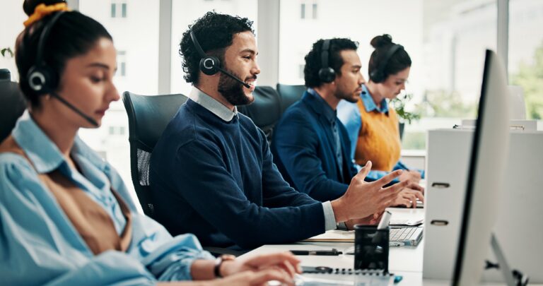 Call,Center,,Computer,And,Man,With,Advice,,Help,Desk,An