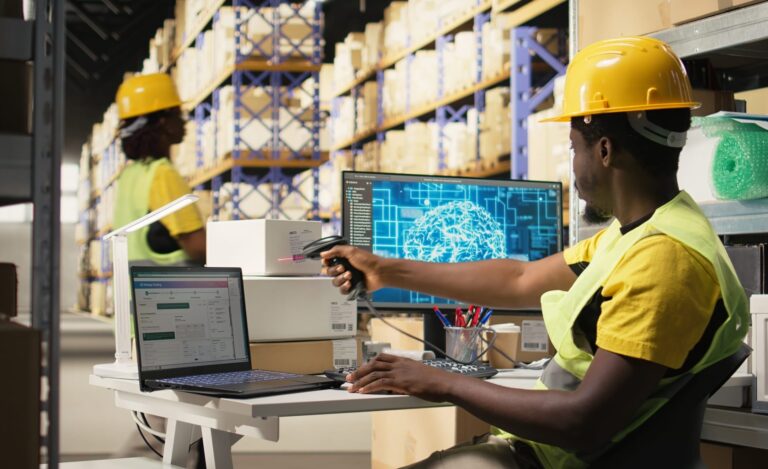 Black,Worker,Scanning,To,Register,Shipping,Labels,Tracking,Info,With